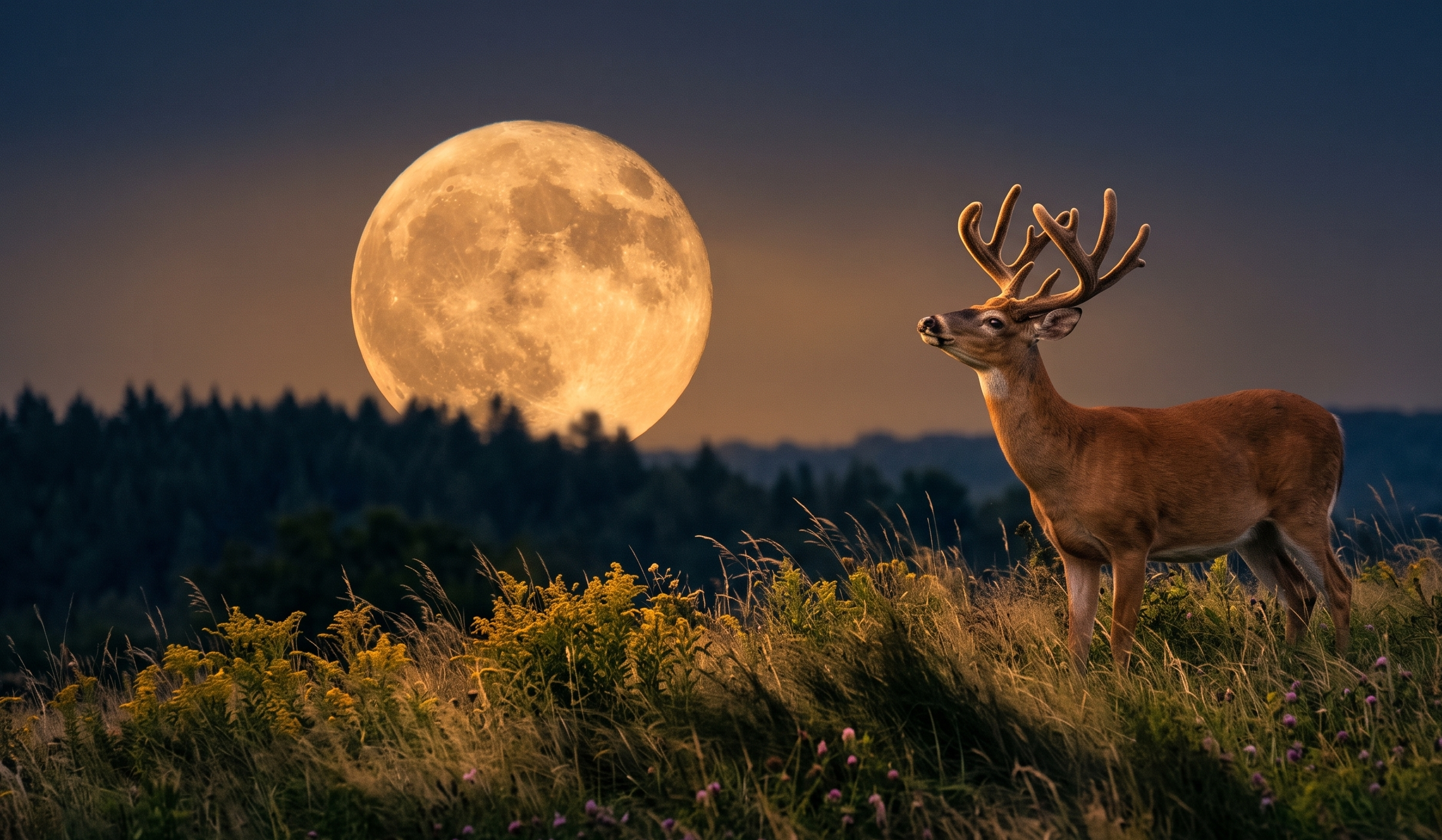 Buck Moon — a male deer with velvet antlers under July's golden full moon.