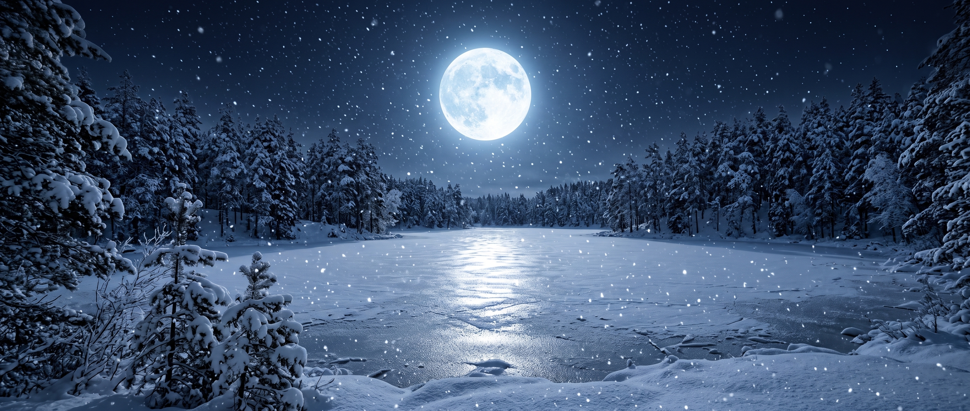Snow Moon — February's full moon illuminating a frozen snow-covered landscape.