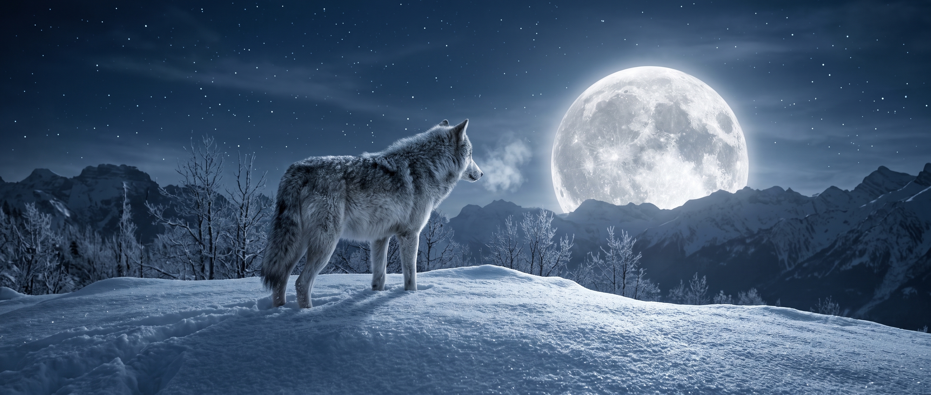 Wolf Moon — a wolf under January's full moon on a snowy winter night.