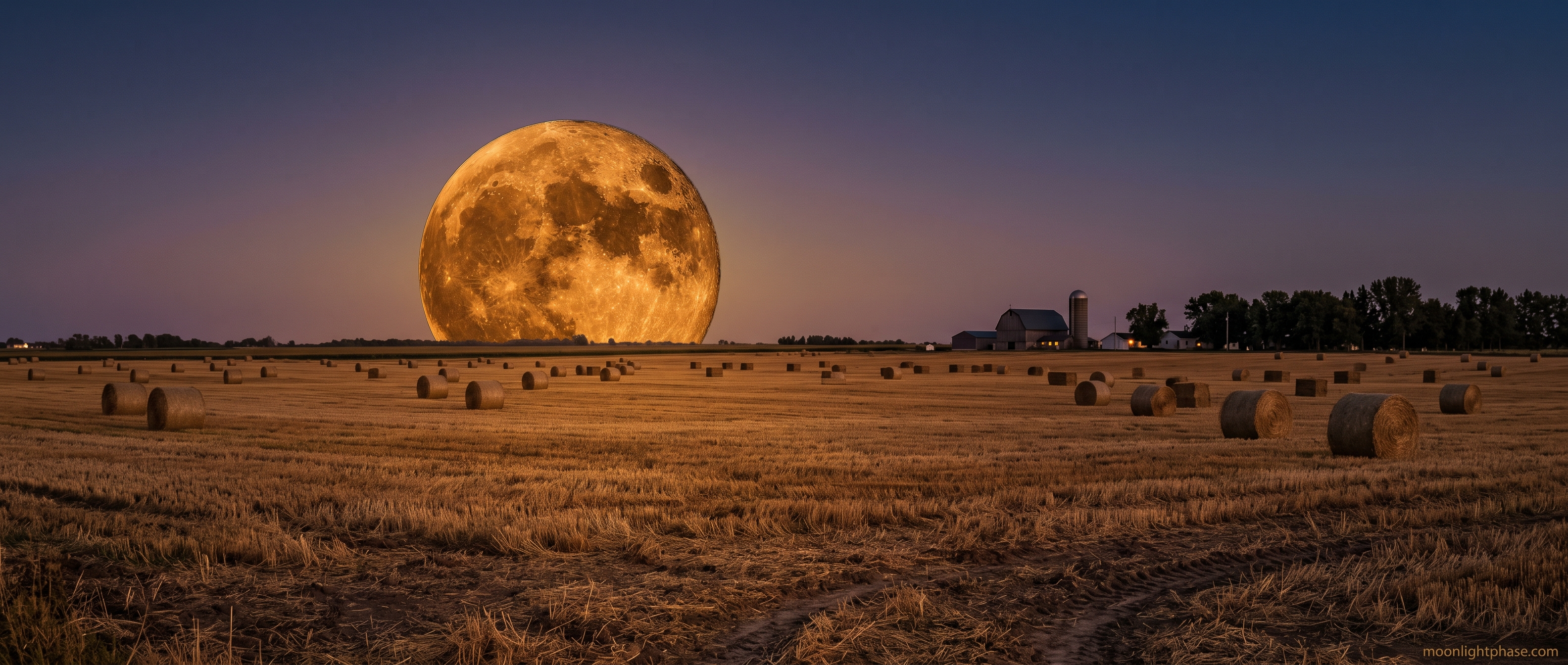 Harvest Moon — September's full moon rising over harvested farmland at dusk